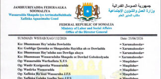 Wasaaradda Shaqada iyo Arrimaha Bulshada oo Ku Dhawaaqday Fasax Rasmi ah Munaasabadda 26-ka Juun Awgeed