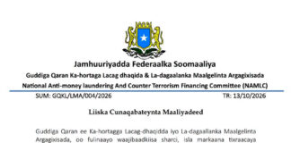 Dowladda Soomaaliya oo 10 Qof ku Dartay Liiska Cunaqabataynta Maaliyadeed ee La Xiriirta Al-Shabaab
