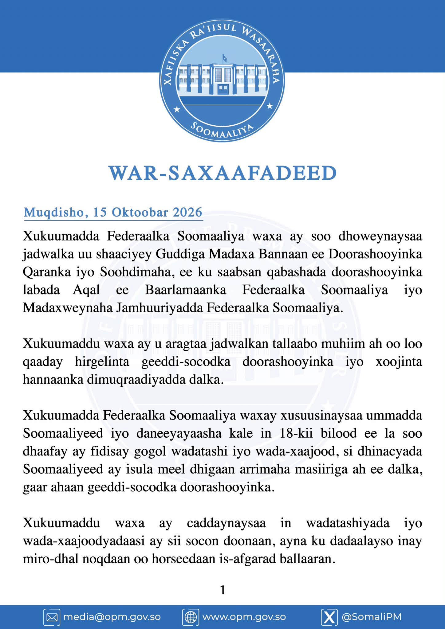Xukuumadda Soomaaliya oo Soo Dhoweysay Jadwalka Doorashooyinka, Baaqna u Dirtay Dhinacyada Siyaasadda